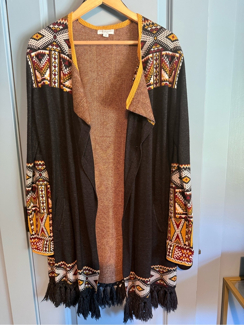 Katherine Barclay Black Cardigan with Mustard & Brown Tribal Accents